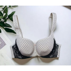 Cacique 38C Balconette Black & White Polka Dot Black Lace Underwire Bra Pink Bow